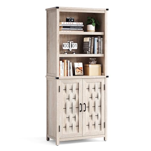 LINSY HOME Farmhouse Bookshelves and Bookcases with Doors, Floor Standing 5-Shelf Display Storage Shelves, 72 in Tall Storage Cabinet for Home Office, Living Room (Light Brown)