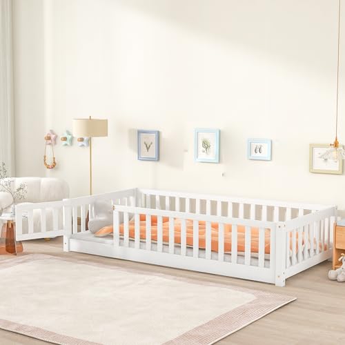 Toddler Floor Bed,Twin Size Floor Bed with Safety Guardrails and Slats, Wooden Floor Bed Frame Without Door, No Box Spring Needed,for Kids Girls & Boy Gray
