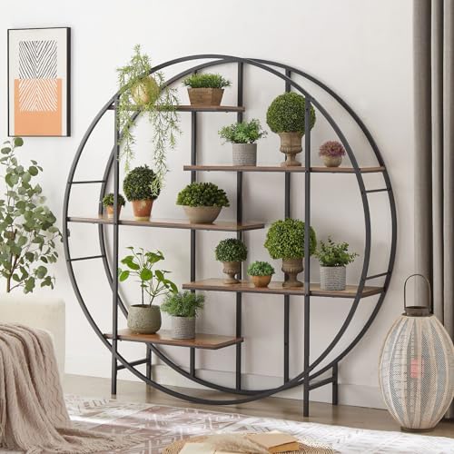 Plant Stand 5 Tier Tall Metal Plant Shelf for Indoor, Round Shaped Ladder Plant Shelf Holder, Plant Flower Pot Rack Display Stand for Living Room Patio Garden Balcony, Black+ Brown