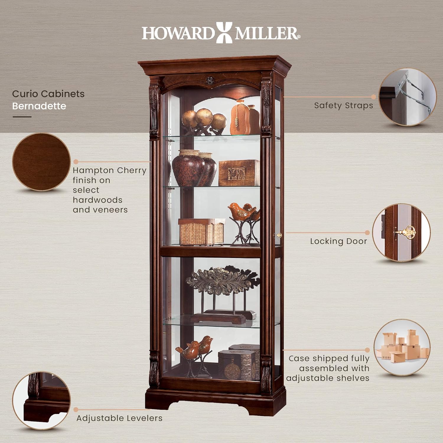 Howard Miller Bernadette Curio Cabinet 680-501 – Hampton Cherry Finish, Heavily Distressed Home Decor, Four Glass Shelves, Five Level Display Case, Locking Slide Door, Halogen Light