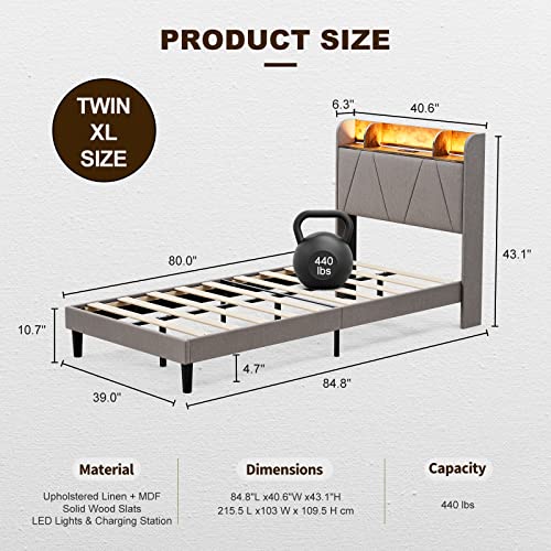 IKIFLY King Bed Frame with Charging Station & Storage Shelf Headboard - 2 Outlets and 2 USB Ports（1 Type C）- Upholstered LED Bed Frame with Solid Wood Slats, No Box Spring Needed - Light Brown