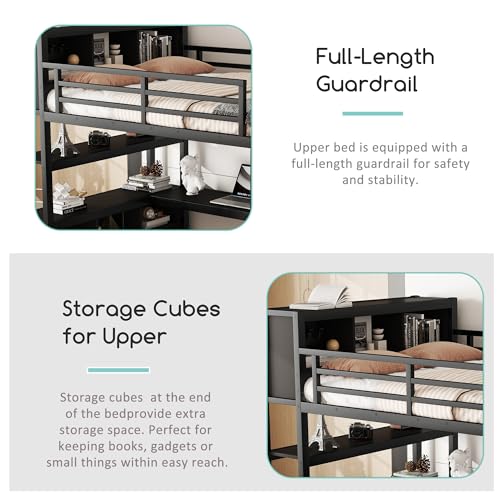 Linique Metal Loft Bed with Wardrobe & L-Shaped Desk - Sturdy Space-Saving Loft Bed Includes Storage Cubes, Shelves for Kids, Teens, Adults (White, Queen)