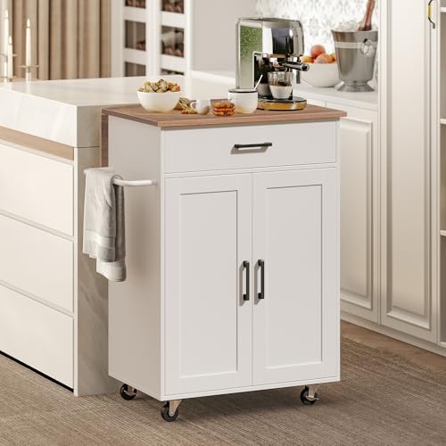Kitchen Island on Wheels with Drop Leaf, Folding Countertop Kitchen Island Cart, Kitchen Island Table with Towel Rack, Drawer, for Kitchen, Dining Room, White and Natural KINW12501