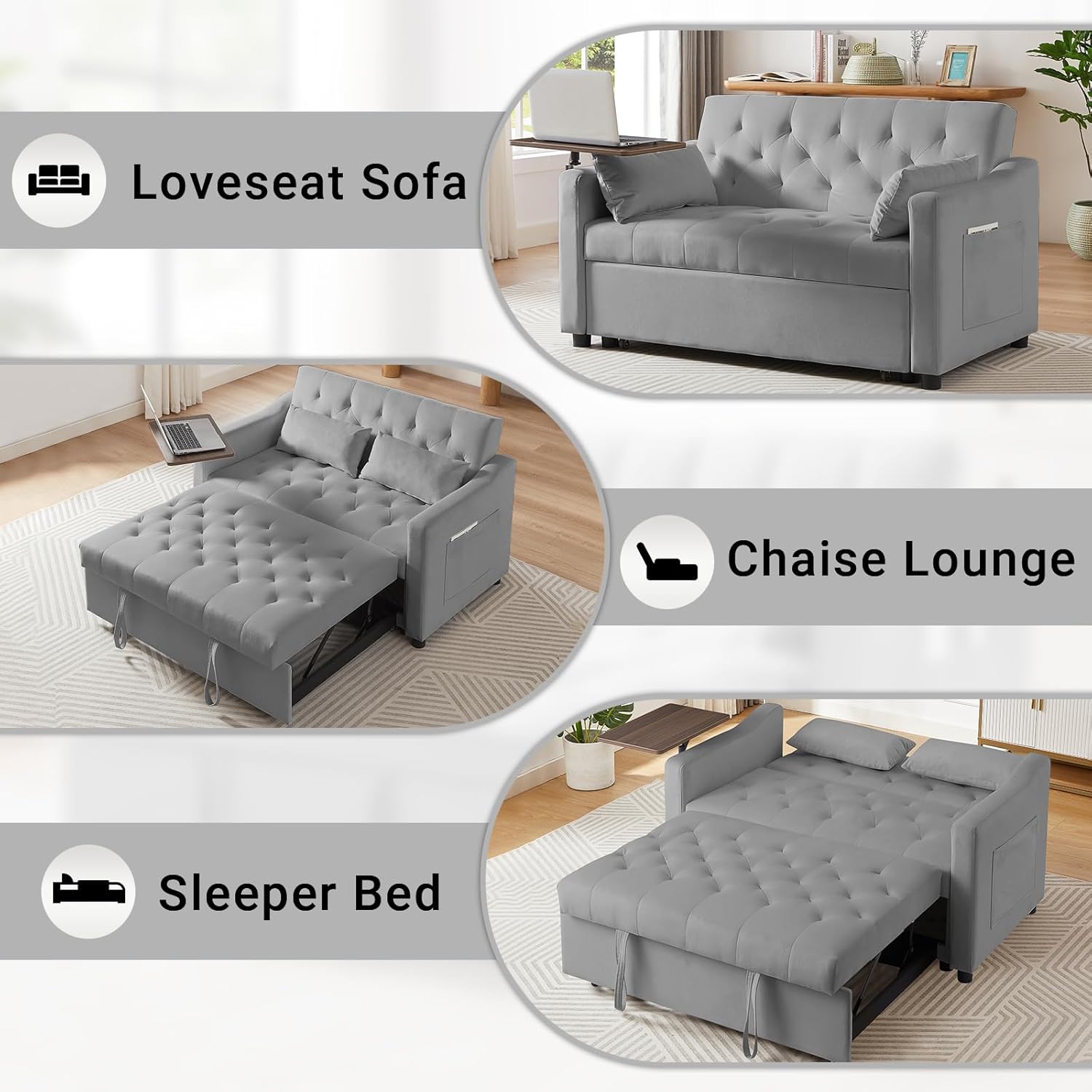 3 in 1 Convertible Couch, Pull Out Sofa Bed with 3-Level Adjustable Backrest, Sleeper Loveseat with Storage and Pillows, Modern Recliner for Living Room Apartment Office, Full Size, Gray