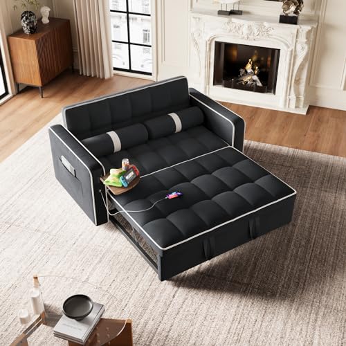 3 in 1 Sleeper Sofa Bed - Convertible Love Seat Couch with Side Table, Tufted Futon Sofa w/Pullout Bed, Adjustable Backrest, Cylinder Pillows, Small Sofa for Living Room, Apartment (Orange)