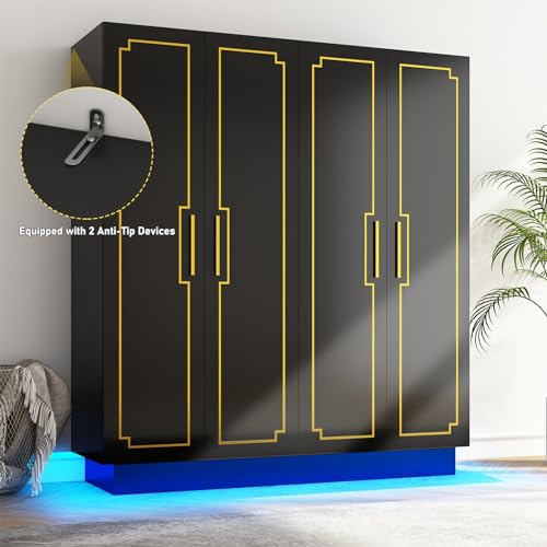 70in LED 4 Doors Armoires Wardrobe Closet&Cabinet with Metal Hanging Rod, Freestanding Bedroom Black Tall Armoires with RGB LED 60000-color Lights for Bedroom Office Clothes Organizer