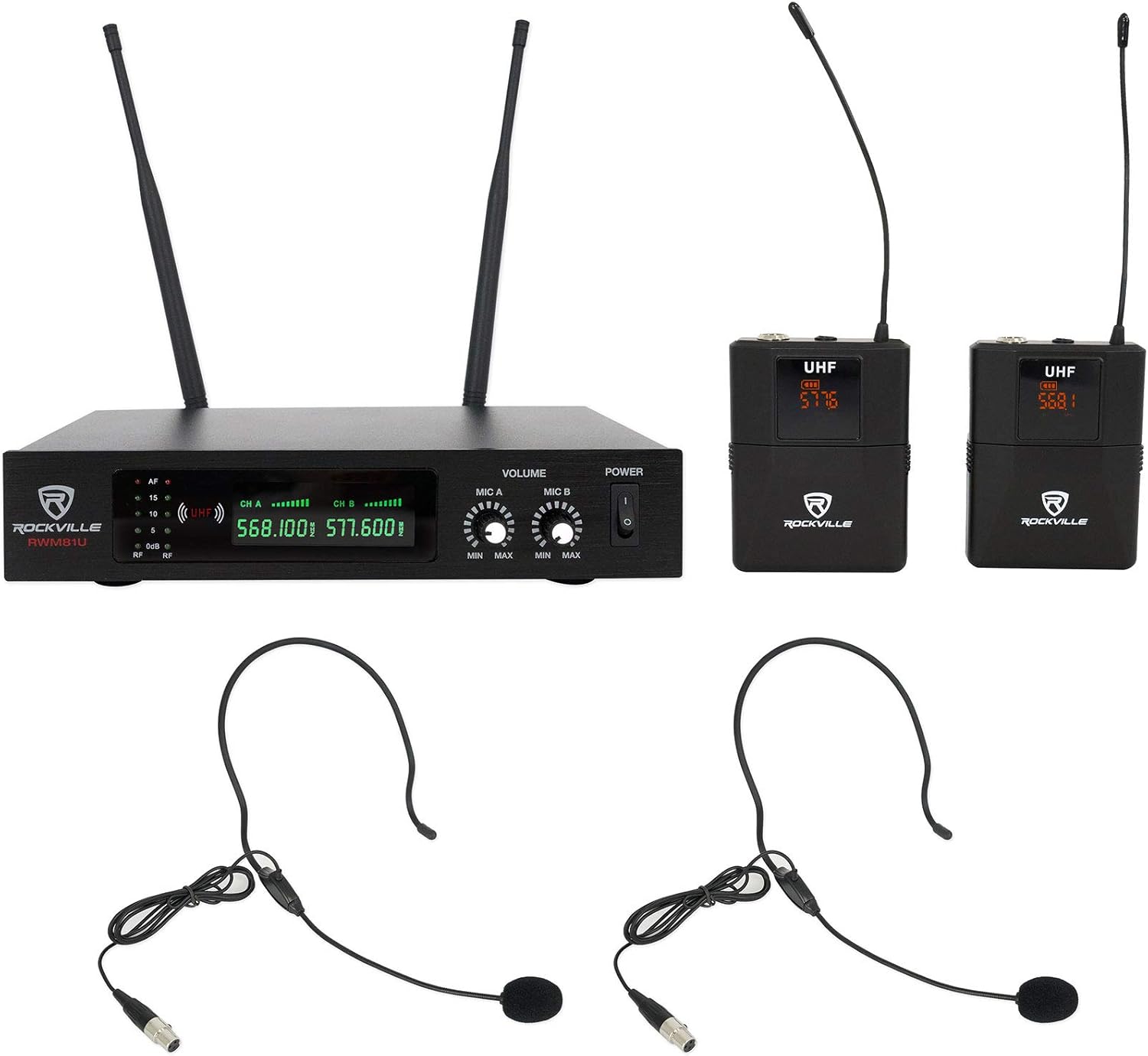 Rockville RWM-4Z Quad Wireless UHF Handheld/Headset Microphone System 20 Channel