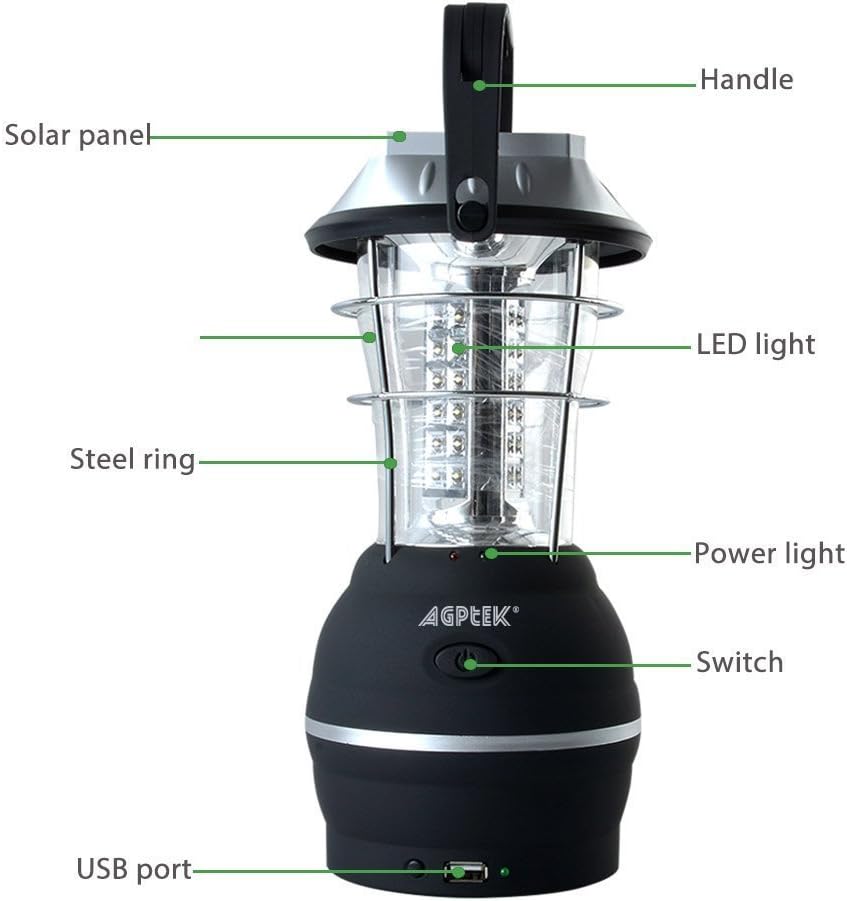AGPTEK Solar Lantern, 5 Mode Hand Crank Dynamo 36 LED Rechargeable Camping Lantern Emergency Light, Ultra Bright LED Lantern - Car Charge - Camping Gear for Hiking Emergencies Hurricane Outages
