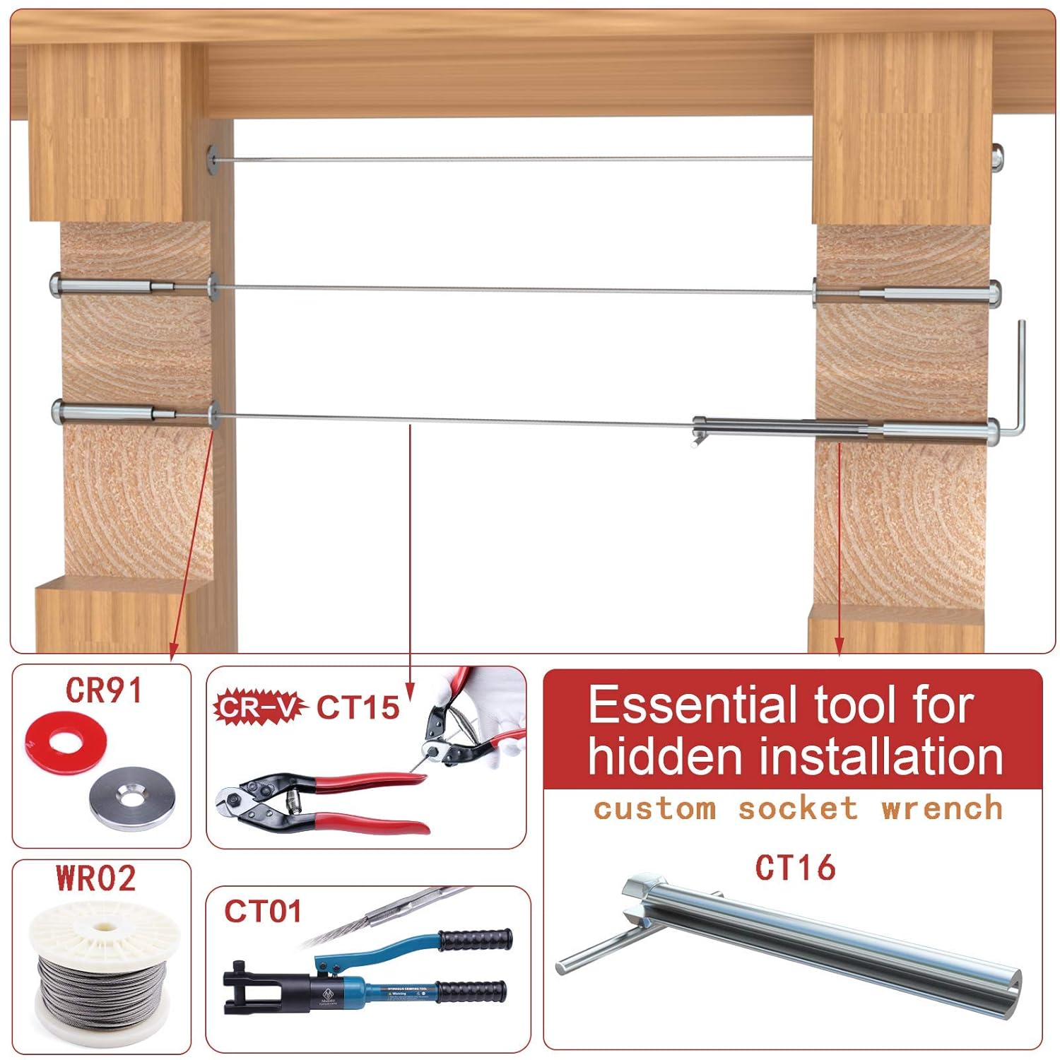 Muzata 20Pair Cable Railing kit Invisible 1/8 Upgraded Swage Tensioner and Terminal Hidden T316 Stainless Steel Round Head for 2-6 Wood Metal Post Deck Stairs WoodHidden System CR37, CV1 CV2