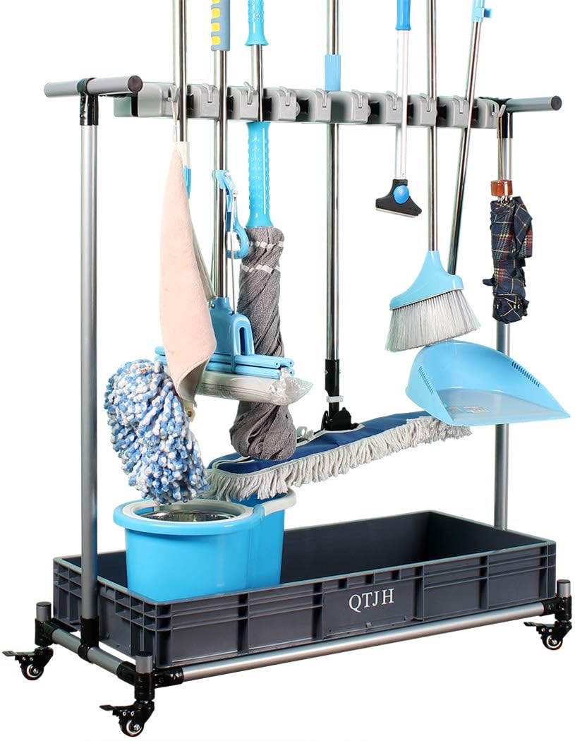 QTJH Broom And Mop Holder Put Wet Mops Movable Floor-Mounted Mop Rack Floor Standing Cleaning Tool Cart Storage For Garden Garage Schools, Hospitals, Factories, Hotels,Property Companies