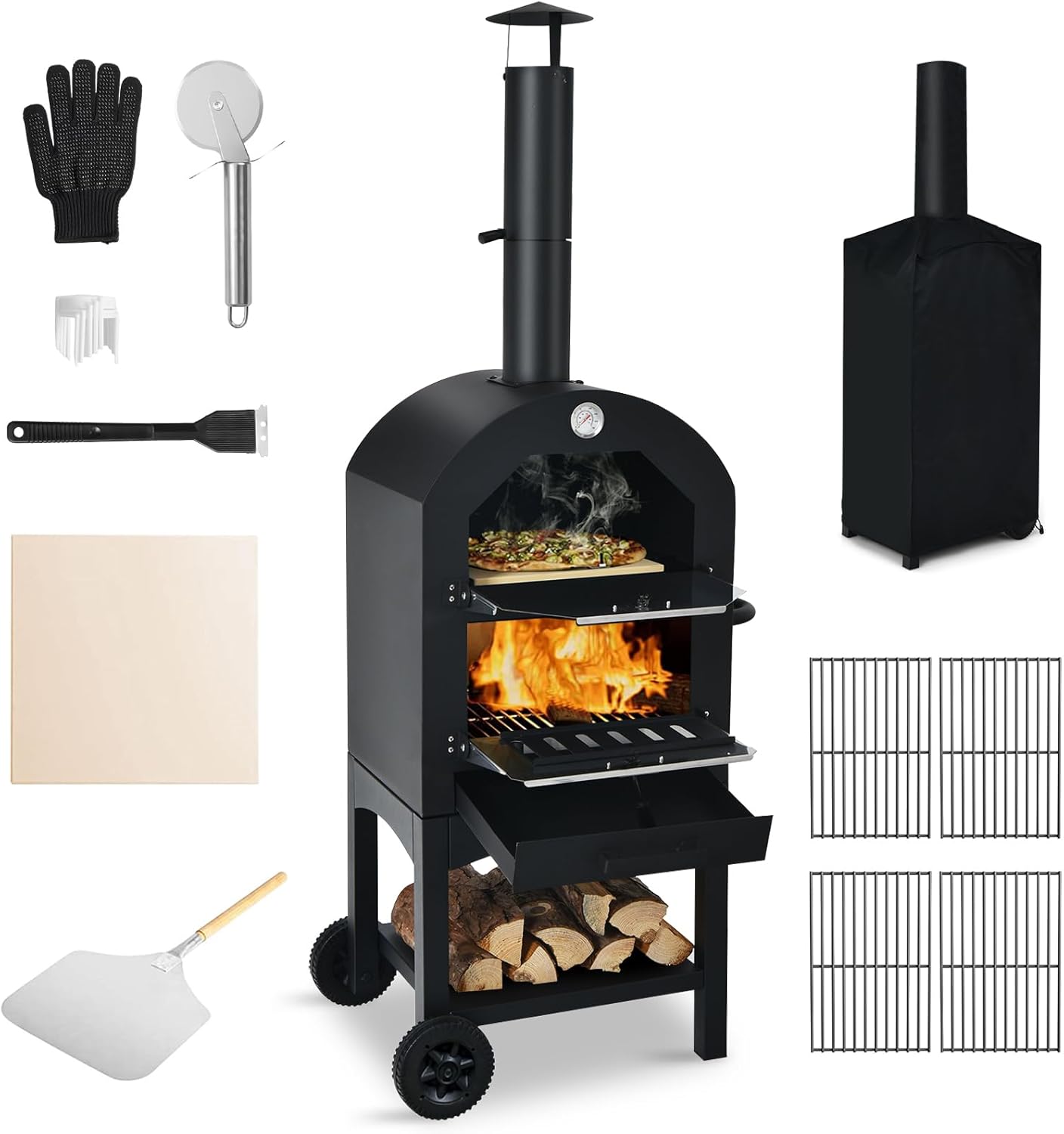 ORALNER Outdoor Pizza Oven, Wood Fired Pizza Oven Cooker with 12" Pizza Stone, Pizza Peel, Waterproof Cover, Portable Grill Pizza Maker on Wheels for Outside Backyard, Camping