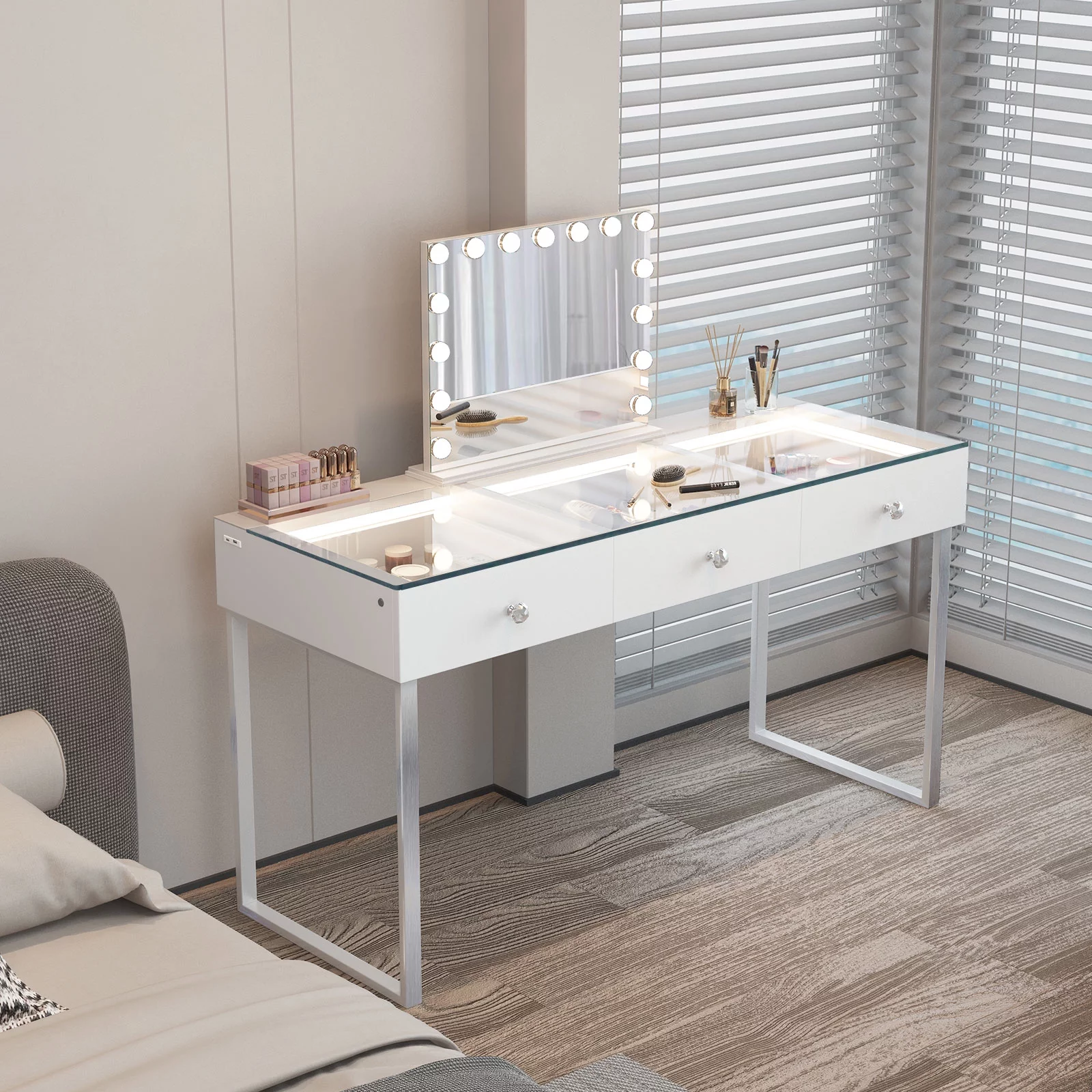 VANITII 3-Drawer Modern Makeup Vanity Table LED Light Charging Port Stainless Glass Vanity Desk