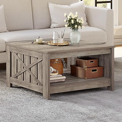 YITAHOME Coffee Table Farmhouse Coffee Table with Storage Rustic Wood Cocktail Table,Square Coffee Table for Living Meeting Room with Half Open Storage Compartment,Brown