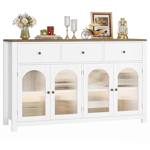 FINETONES Buffet Cabinet with Storage, 55.1" Large Sideboard Buffet Farmhouse Kitchen Cabinet with 3 Drawers and 4 Doors, Wood Coffee Bar for Kitchen, Black