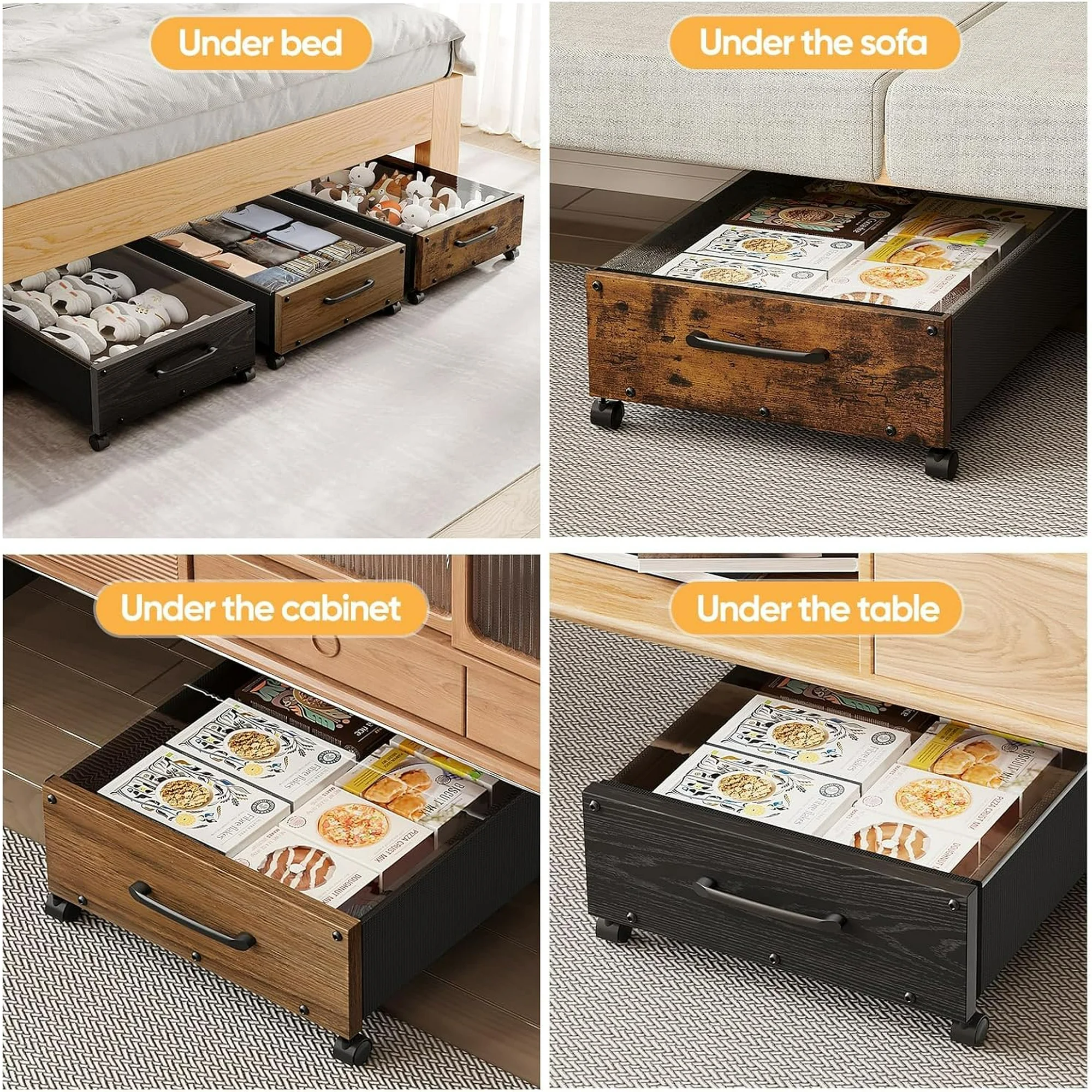Under Bed Storage with Wheels,2 Pack Under Bed Shoe Storage, Under the Bed Storage Drawers with Remove Window, Extra Large Rolling Under Bed Storage Metal Drawer for Clothes (Black-2 pack)