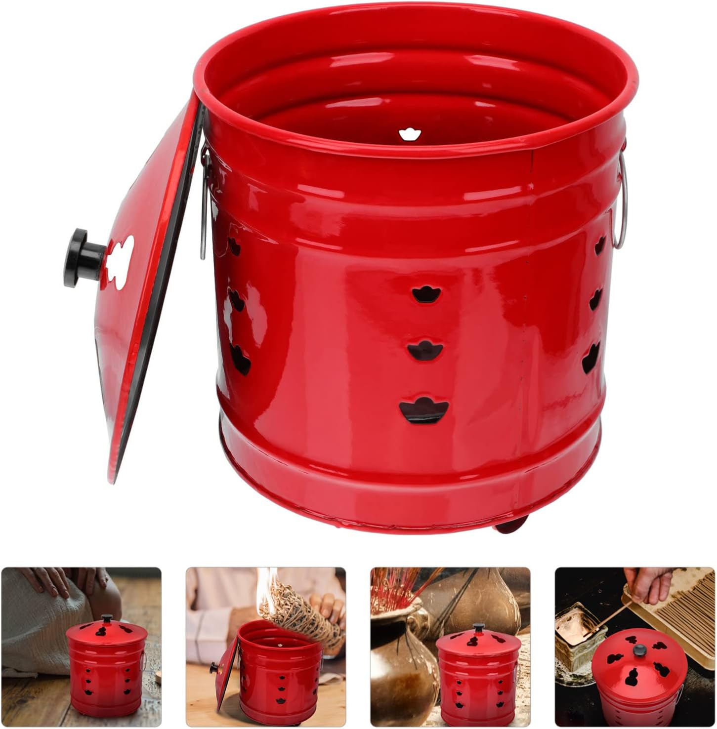 Enamel Burn Barrel Incinerator Cage Fire Pit Metal Garden Fire Cage Yard Debris Burn Incinerator Bin for Paper Leaf Trash Wood Log Backyard Bonfire Red