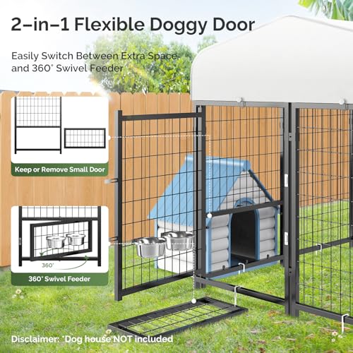 SINO LUBAN Outdoor Dog Kennel Outside Run with Doggy Door, Swivel Feeder&Roof - 8x4x6 Large Dog Kennels Pens Outside for Large Dogs Breed-Heavy Duty Cage Enclosure Yard (Can Connect to Your Dog House)