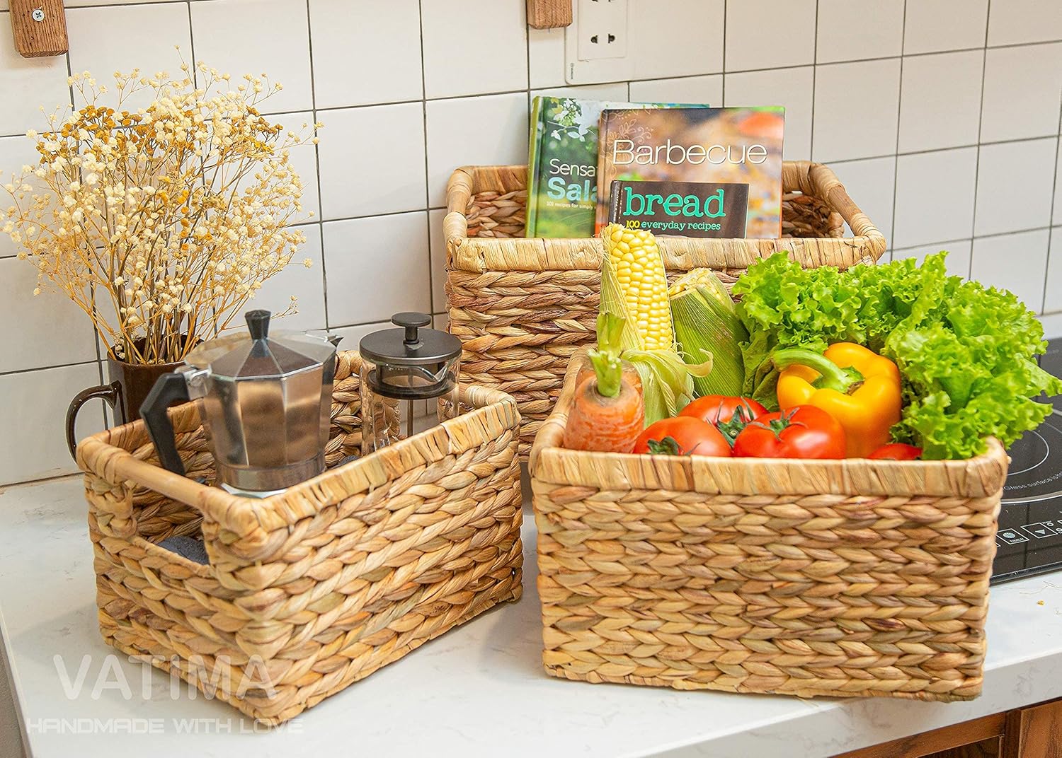 VATIMA Large Wicker Basket Rectangular with Wooden Handles for Shelves, Water Hyacinth Basket Storage, Natural Baskets for Organizing, Wicker Baskets for Storage 14.5 x 10.3 x 7.2 inches