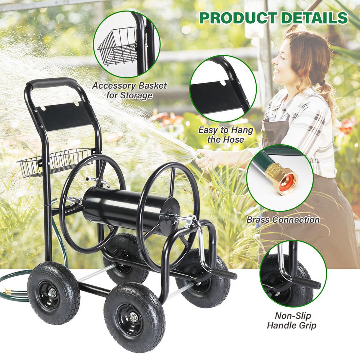 SYTHERS Hose Reel, Heavy Duty Garden Hose Reel Sturdy Water Hose Reel Cart with 4 Wheels for Garden Lawn Yard Outdoor