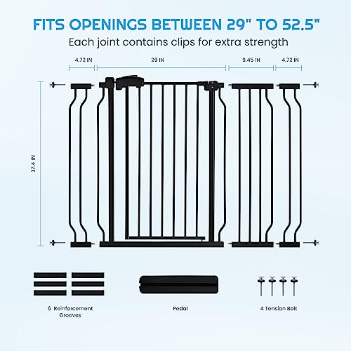 37.4" Extra Tall Baby Gate for Stairs Doorways with Door, 29-52.5" Wide Easy Install Dog Gate Indoor, Safety Metal Pressure Mounted Pet Gate with Walk-Thru Auto Close for The House, Black