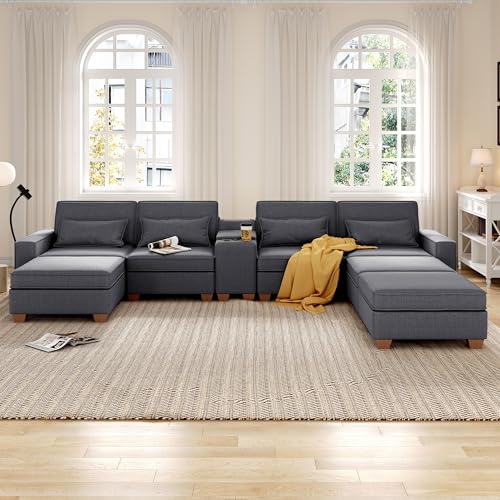 Modular Sectional Sofa, Convertible U Shaped Sofa Couch with Central Console & USB Ports, 7 Seat Modular Sectionals Couch with Chaise and Storage for Living Room, Light Grey