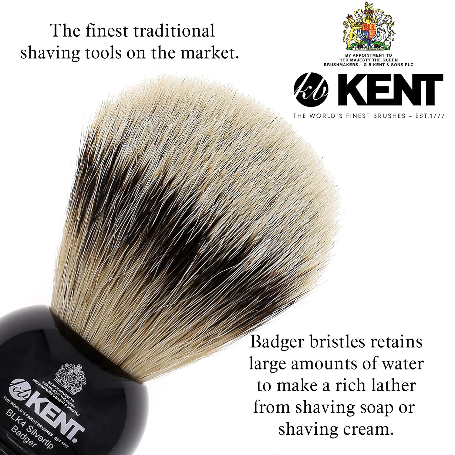 Kent BLK4 Shaving Brush, Handcrafted Silver Tip Badger Bristle and Black Base Shave Brush, for Shave Cream and Shaving Soap for a Perfect Lather, Kent Luxury Shaving Since 1777. Made in England