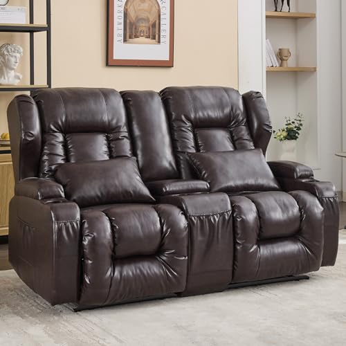 IPKIG 65.3" RV Loveseat Recliner - Faux Leather Manual Reclining Loveseat with Console, Cup Holders, Lumbar Pillow for Living Room, Bedroom, RV, Home Theater - RV Recliners Chair (Beige)