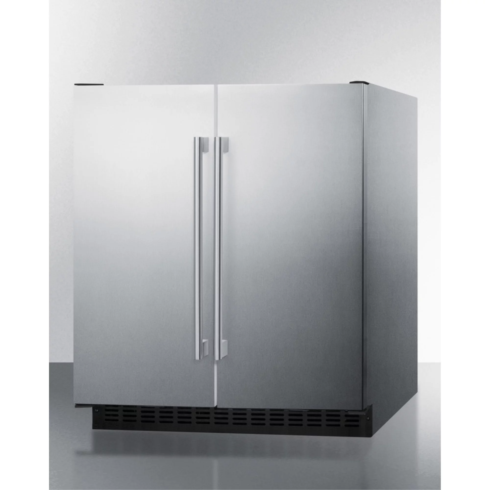 30" wide undercounter frost-free side-by-side refrigerator-freezer in stainless steel with locks, stainless steel handles, and digital controls