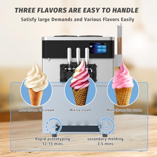 Commercial Ice Cream Maker Machine 2450W Soft Serve Ice Cream Machine 5.3 to 7.4 Gal/H 3 Flavors 110V Ice Cream Machine with Pre-cooling, Auto Clean,LCD Panel for Snack Bar Restaurants