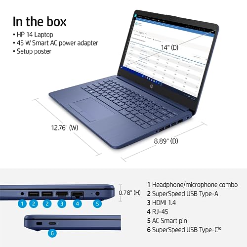 HP Essential Laptop, 14" HD Display, Intel Celeron N4120, Webcam, Type-C, SD Card Reader, HDMI, Wi-Fi, Windows 11 Home, Black, KKE Accessories