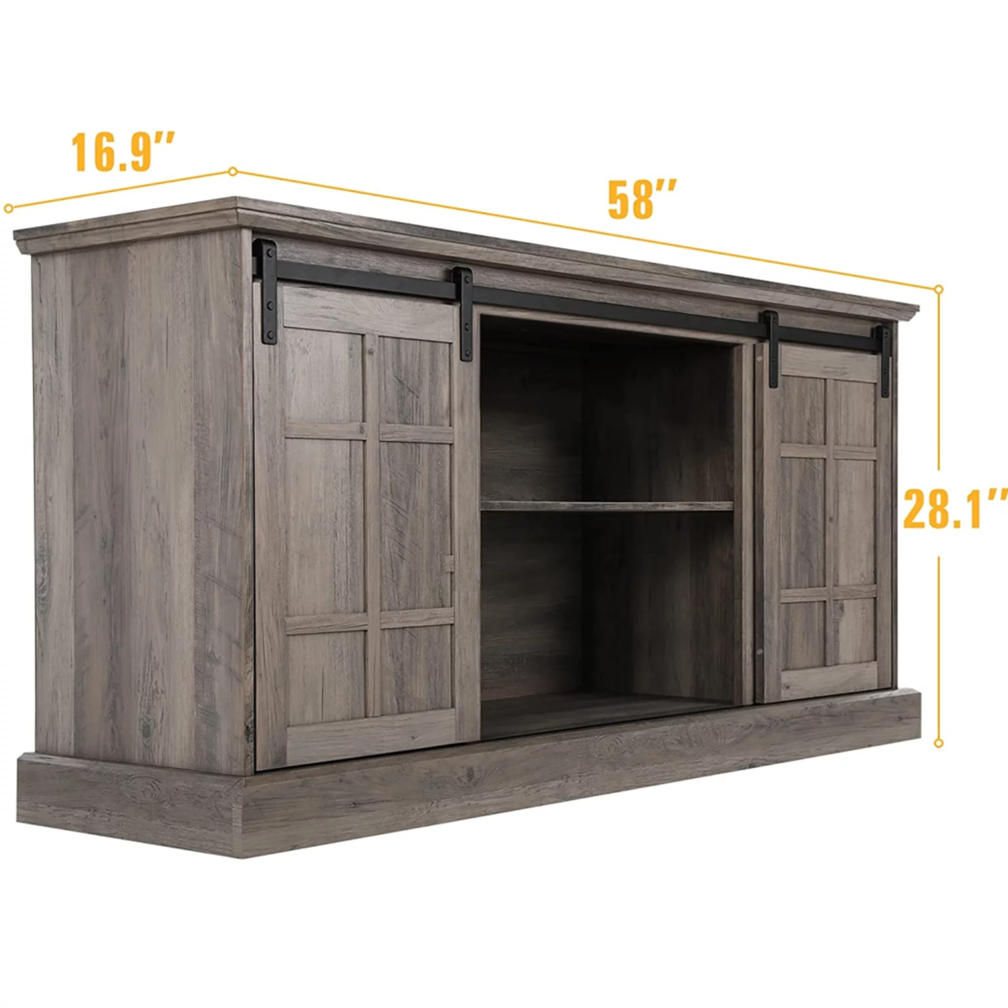 Farmhouse TV Stand, Entertainment Center for 65 inch TV, 58" TV Stand with Sliding Barn Door, Stylish Coastal TV Console and Raised Panel Molding, Wash Gray