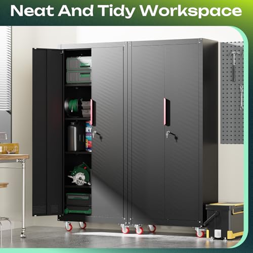 Metal Garage Storage Cabinet, Tall Garage Cabinets with 5 Adjustable Shelves, Steel Tool Storage Cabinet with Wheels,Lockable Heavy Duty Metal Cabinets for Home, Warehouse,Basement