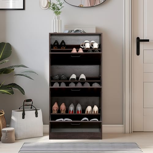 Farmhouse Shoe Cabinet, 2 Flip Drawers & Top Fence, Suitable for Entryways, Free-Standing Storage Shelves with Metal Legs, Narrow Shoe Organizer for Heels, Boots, Slippers, Walnut Brown