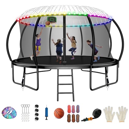 12FT 14FT 16FT Tranpoline for Adults and Kids, 1500 LBS Outdoor Tranpoline with Light, Sprinkler, Socks, Outdoor Recreational Tranpoline Heavy Duty - ASTM CPC CPSIA
