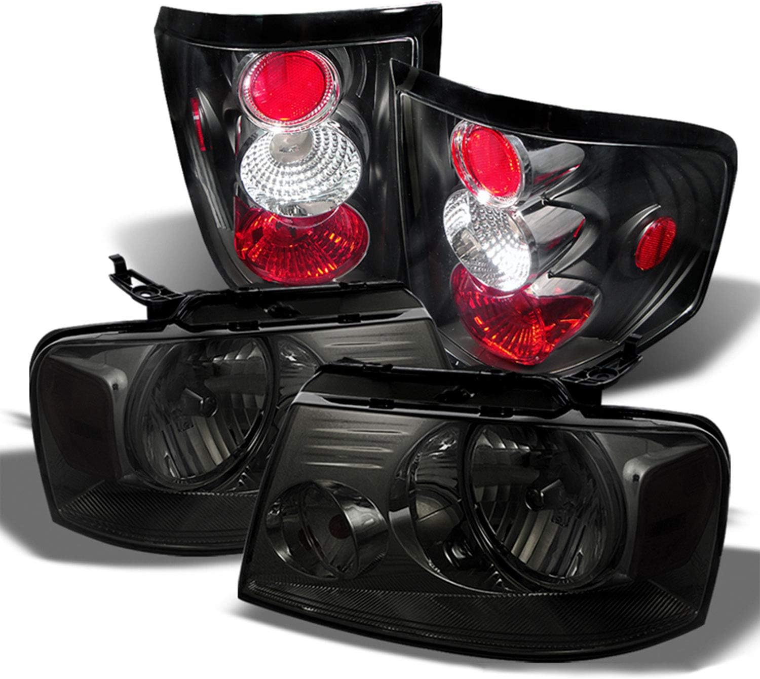 AKKON - Fits 2004-2008 Ford F150 Smoked Headlights + [Styleside Type] Black Tail Brake Lamp Pair Left Driver + Right Passenger