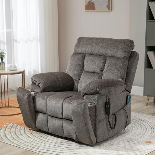 Light Grey Recliner Chair for Elderly | Tall and Big Man 400lbs | Chenille | Power Lift, Lay Flat, Stand Up, Wireless Charging Device, Extended Footrest, Massage Heat, Cup Holder, Lumbar Pillow