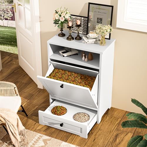 Dog Feeding Station, Dog Food Storage Container with 2 Raised Dog Bowls, Pet Food Cabinet with Pull-Out Elevated Dog Bowl for Water&Feeding Supplies, Pet Feeder Station Furniture for Dogs Cats, Brown