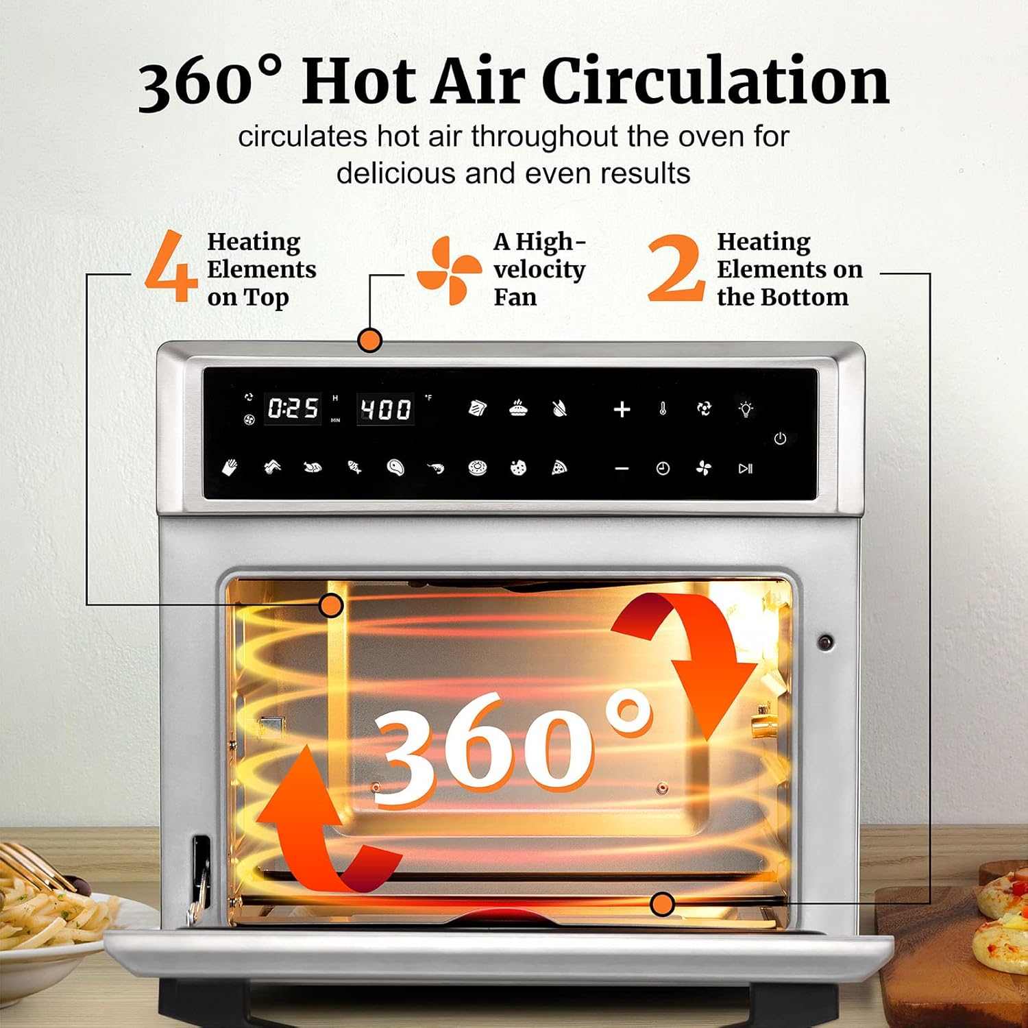 VENTRAY Convection Oven Air Fryer Toaster Oven 1700W 26QT Digital Control Stainless Steel Electric Ovens with Bake Pan, Broil Rack, Fry Basket & Recipe Book Included, 12 Cooking Presets