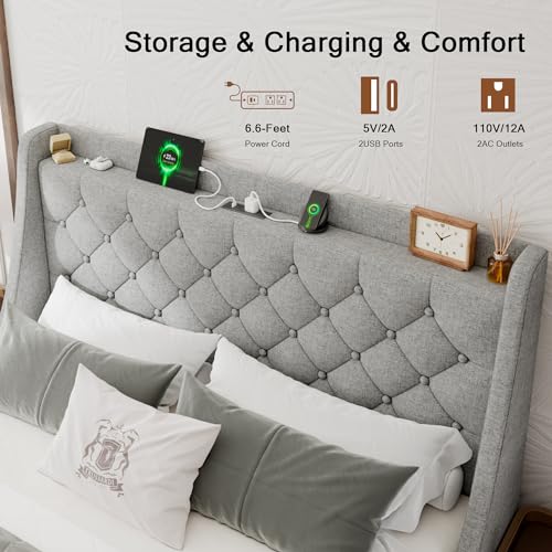Upholstered Full Size Bed Frame with 4 Storage Drawers, Platform Bed Frame with Wingback Headboard, Charging Station, No Box Spring Needed, Beige