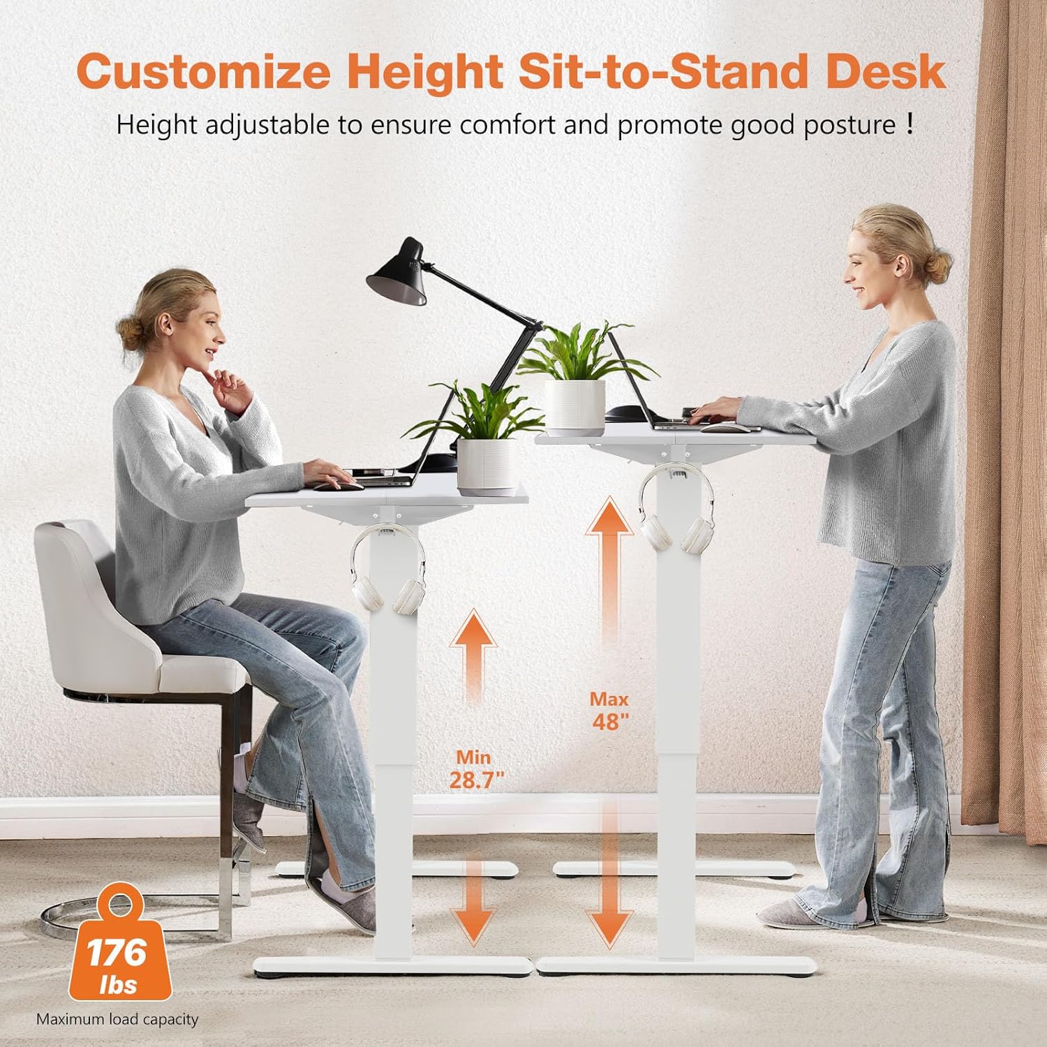 Sweetcrispy Electric Adjustable Height Standing Desk - 48 x 24 inch Sit to Stand Up Desk with Splice Board, Rising Home Office Computer Table with 2 Hook and Wire Hole for Work