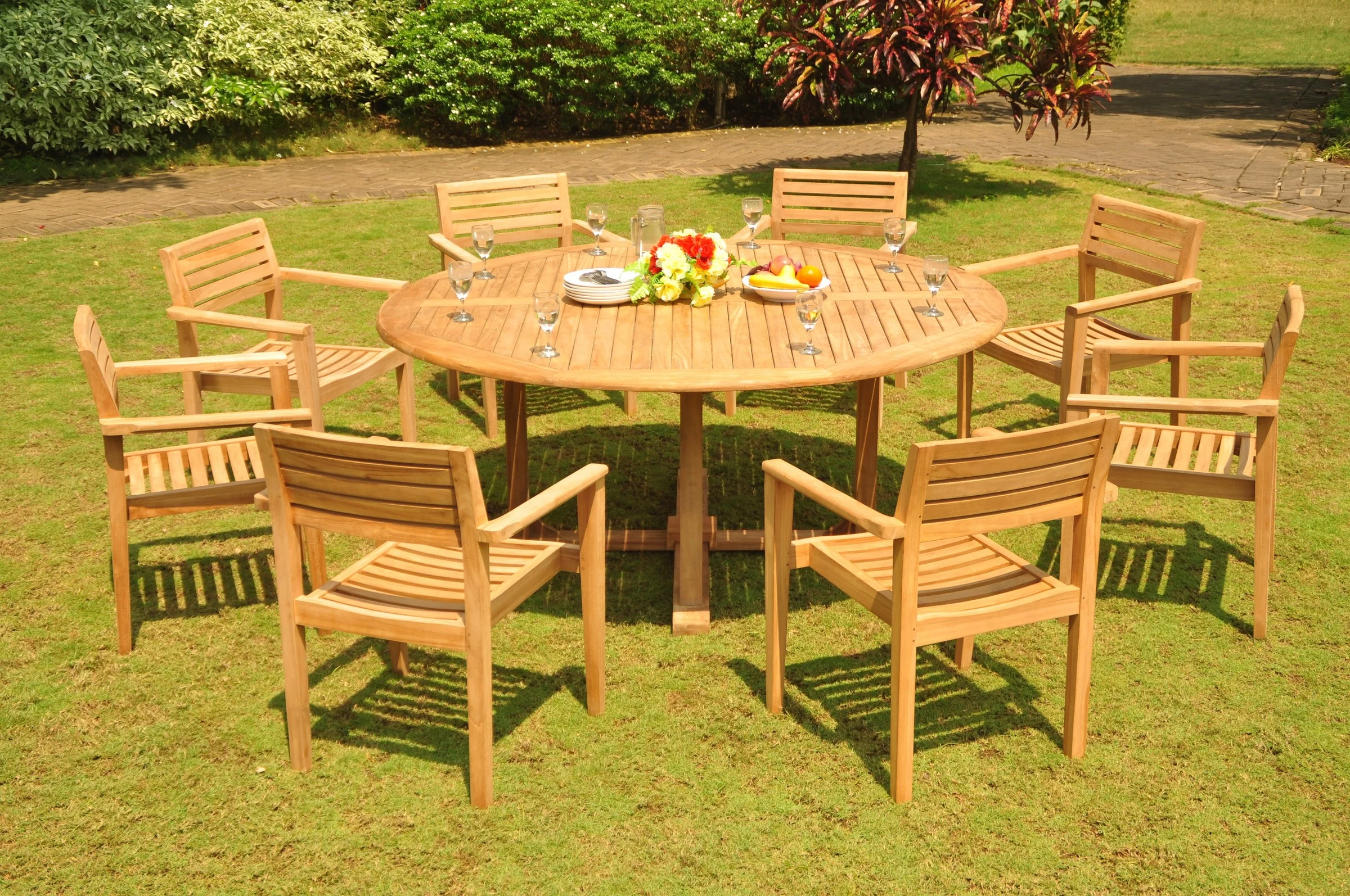 Teak Dining Set: 8 Seater 9 Pc: 72" Round Dining Table And 8 Montana Stacking Arm/Captain Chairs Outdoor Patio Grade-A Teak Wood WholesaleTeak #WMDSMTj