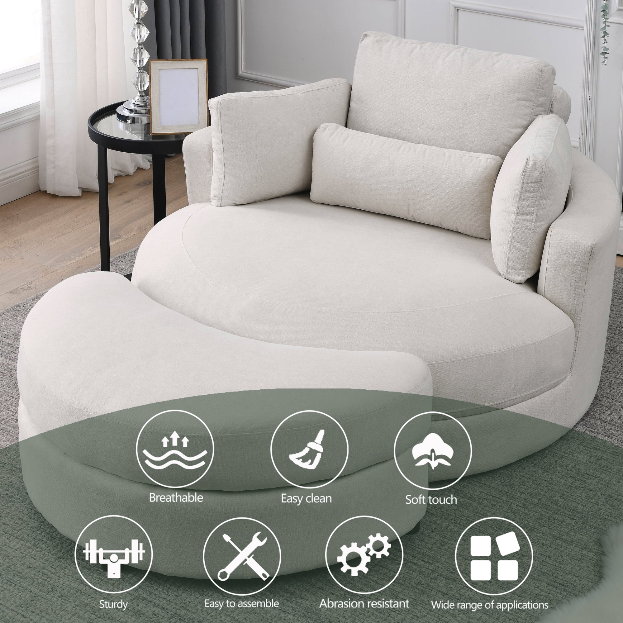 [Video] Welike Swivel Accent Barrel Modern Sofa Lounge Club Big Round Chair with Storage Ottoman Linen Fabric for Living Room Hotel with Pillows . *2PCS