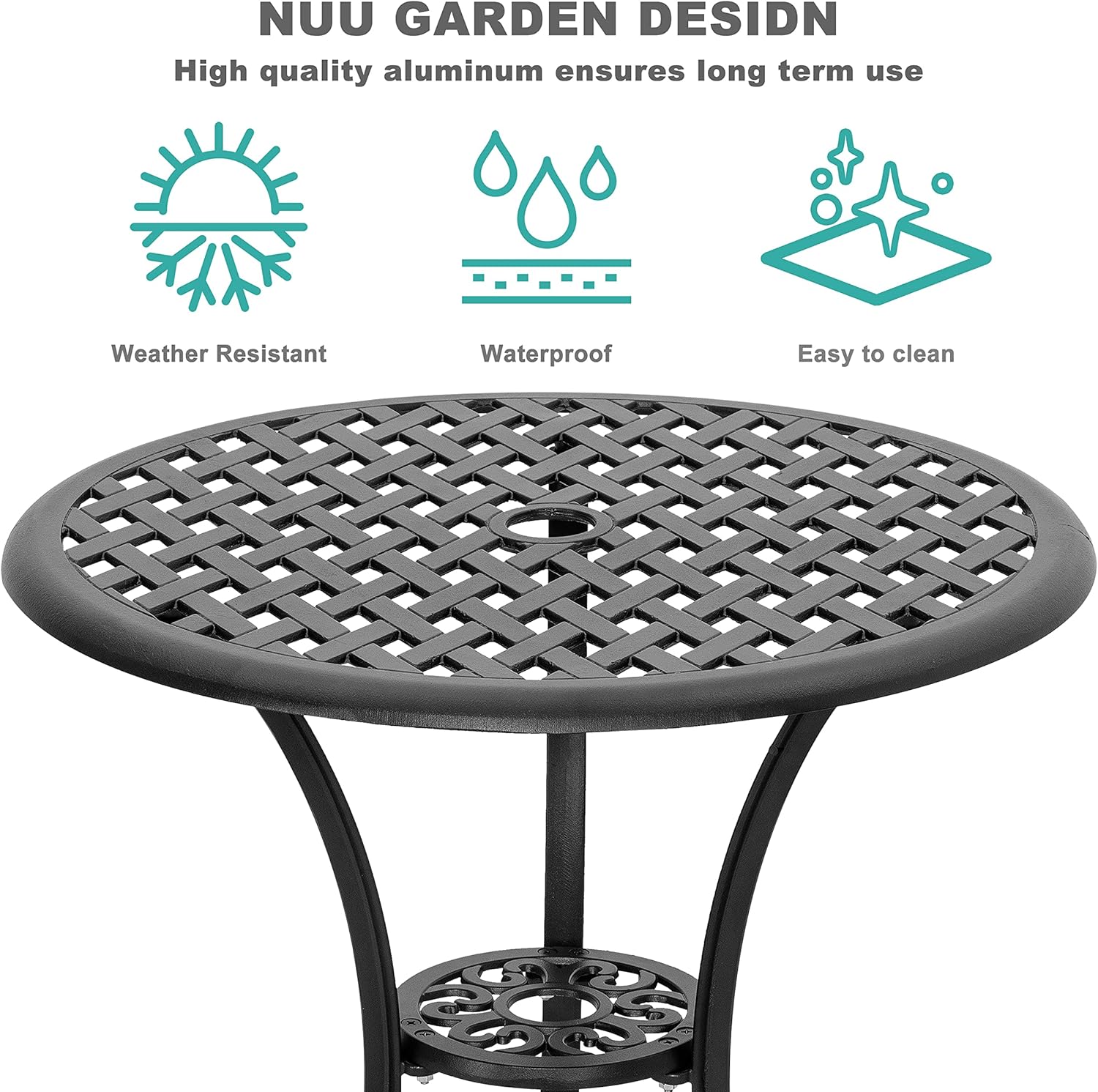 Nuu Garden 3 Piece Patio Bistro Sets Cast Aluminum Bistro Table Set Outdoor Patio Furniture with Umbrella Hole for Patio Balcony, Black