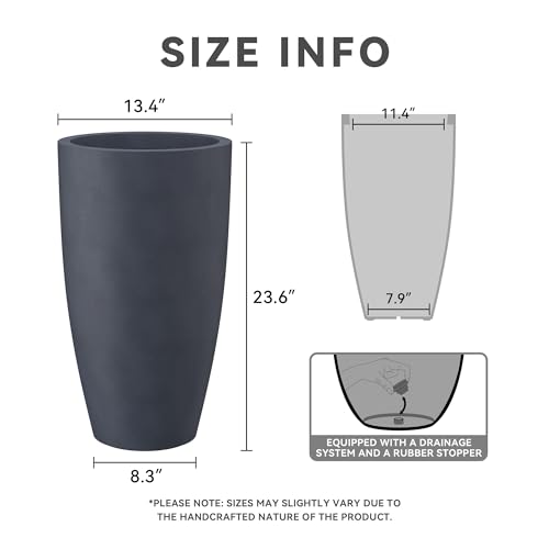 Kante 23.6" H Charcoal Concrete Tall Planters (Set of 2), Large Outdoor Indoor Decorative Plant Pots with Drainage Hole and Rubber Plug, Modern Style for Home and Garden