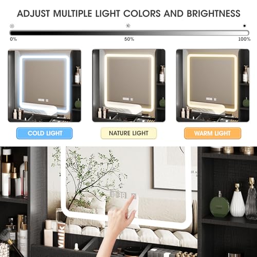 Vabches Makeup Vanity Desk, Vanity Mirror with Lights Desk and Chair,Makeup Table with 3 Large Drawers and 2 Cabinets, Time and Temperature Display, 3 LED Lighting Modes Adjustable, White