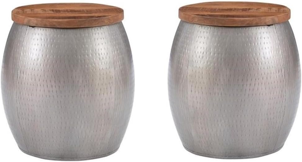 Home Square Metal and Wood Drum Side Table with Storage in Silver - Set of 2