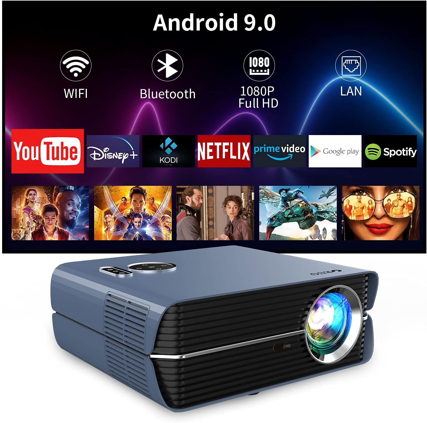 WiFi Projector with Bluetooth Home Theater Projector 1080P HD 7200 Lumens LCD Projector Support AirPlay HDMI USB VGA AV Audio Smart Wireless Projector for Sports Games Outdoor Movies Camping