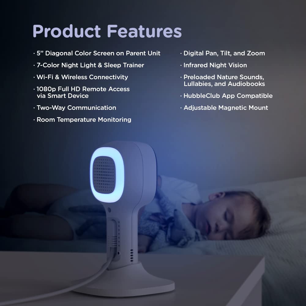 HUBBLE CONNECTED Nursery Pal Cloud - 5&rdquo; Smart WiFi Baby Monitor, 7-Color Night Light, Sleep Trainer-HD Home Security Camera-Ideal for Nursery, with Mount/Stand-Powered by HubbleClub App,White,1-Camera