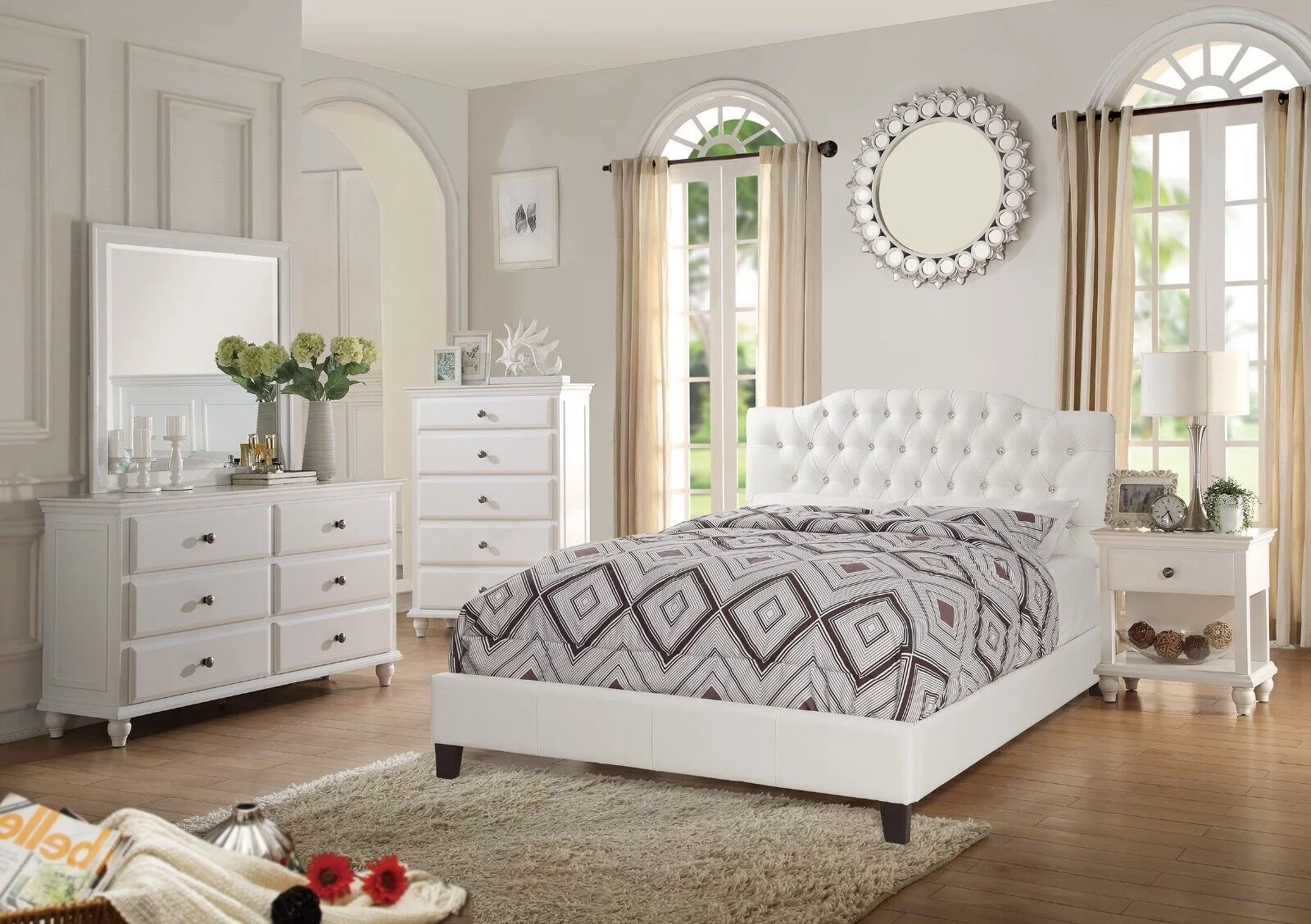 Bedroom Furniture 6pc White Full Size Bed Set Dresser Mirror 2x Nightstand Chest Tufted Headboard Contmeporary Classic