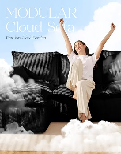 107" Comfy Cloud Couch with L-Shape Chaise & Deep Seat, Modular Sectional Sofa in a Box, Boneless Upholstered Couches for Living Room, No Assembly Required (Soft Corduroy, Black)